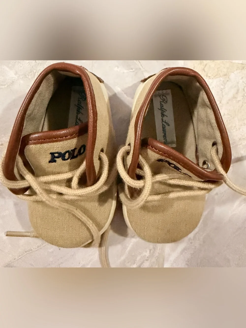 Polo by Ralph Lauren Beige Canvas Baby Walker Shoes with Brown Trim